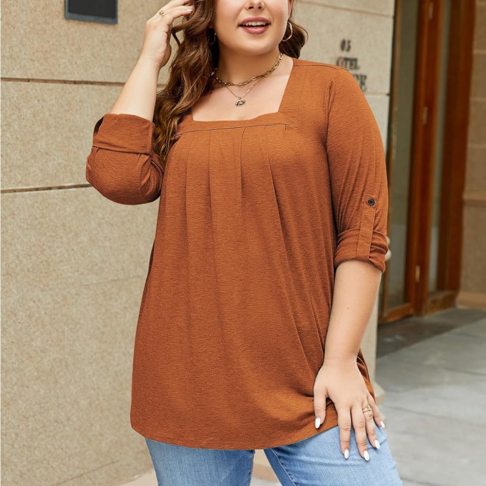 Plus Size Top Square Neck Roll Up 3/4 Sleeve Pleated Tunic NWOT XL